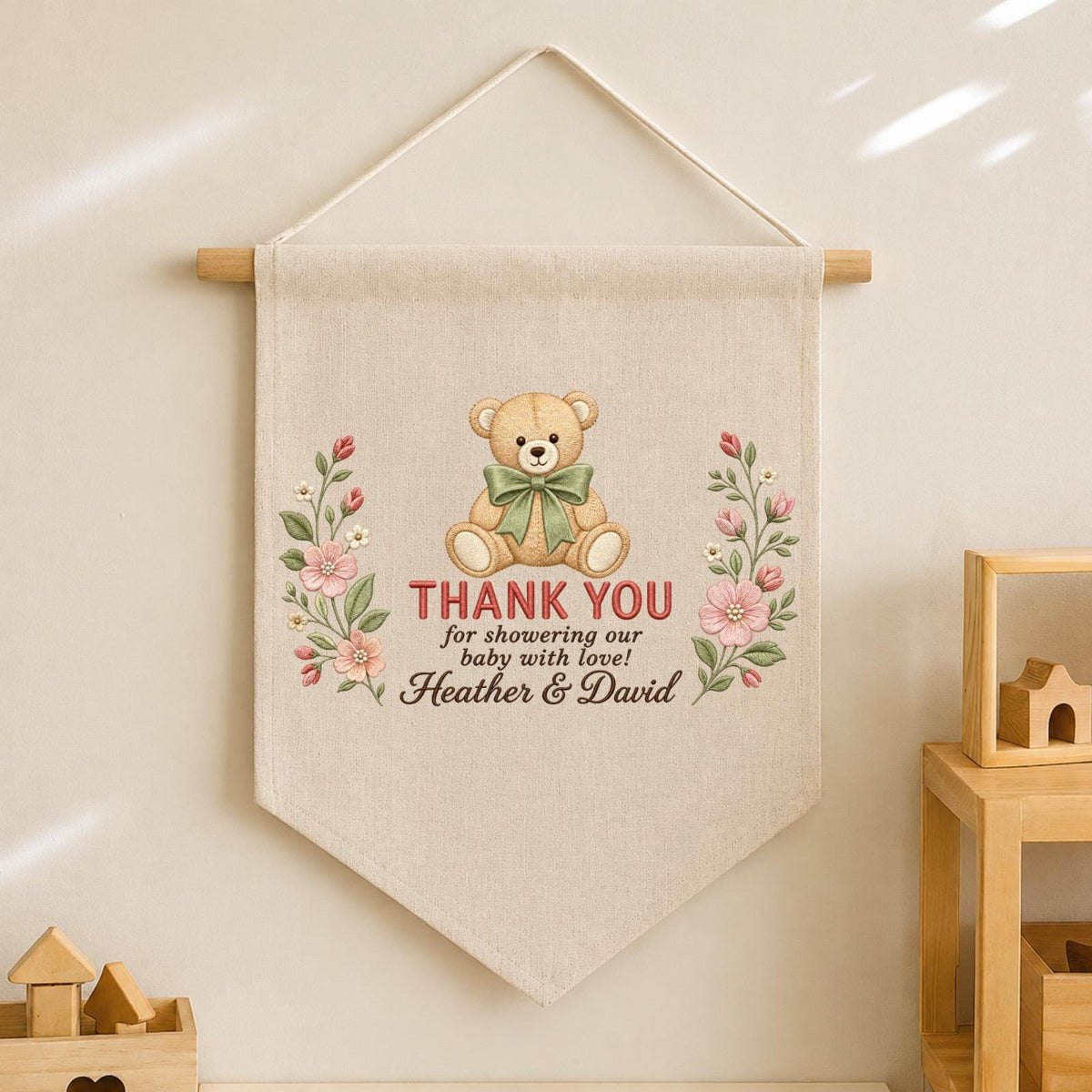 Personalized Baby Shower Thank You Banner, Embroidered Teddy Bear Floral Wall Hanging, Custom Baby Shower Decor, New Parents Keepsake Gift
