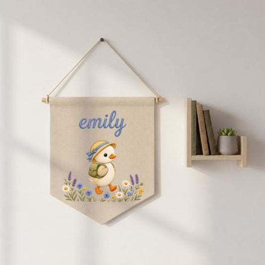 Personalized Duckling Embroidered Name Banner, Cottagecore Nursery Wall Hanging