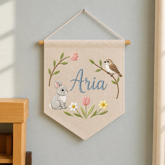 Personalized Embroidered Bunny Bird Pennant Banner, Woodland Nursery Decor