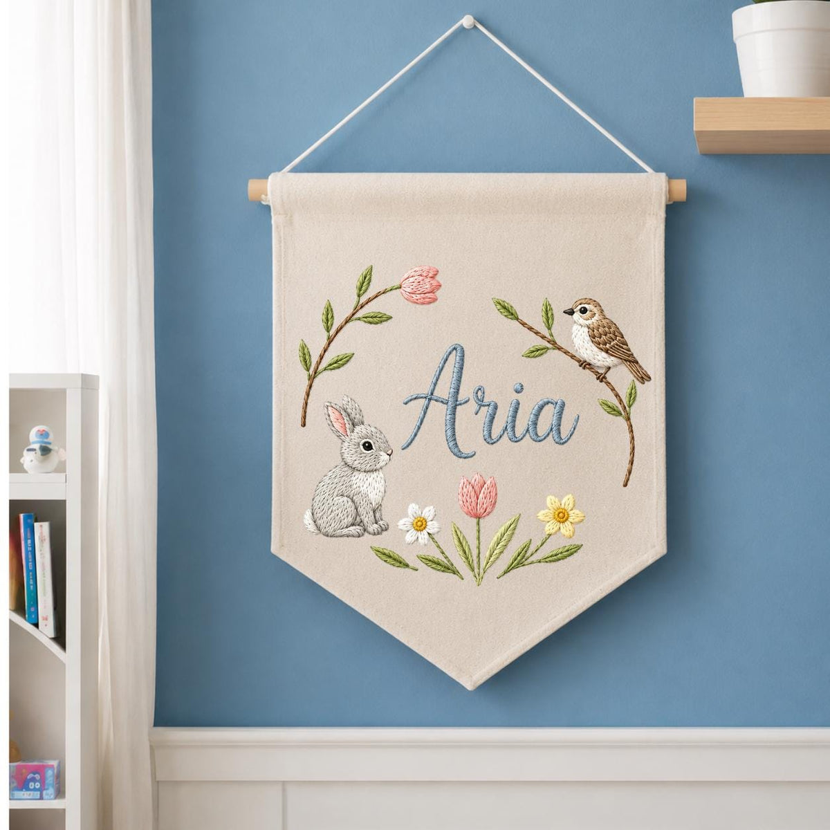 Personalized Embroidered Bunny Bird Pennant Banner, Woodland Nursery Decor