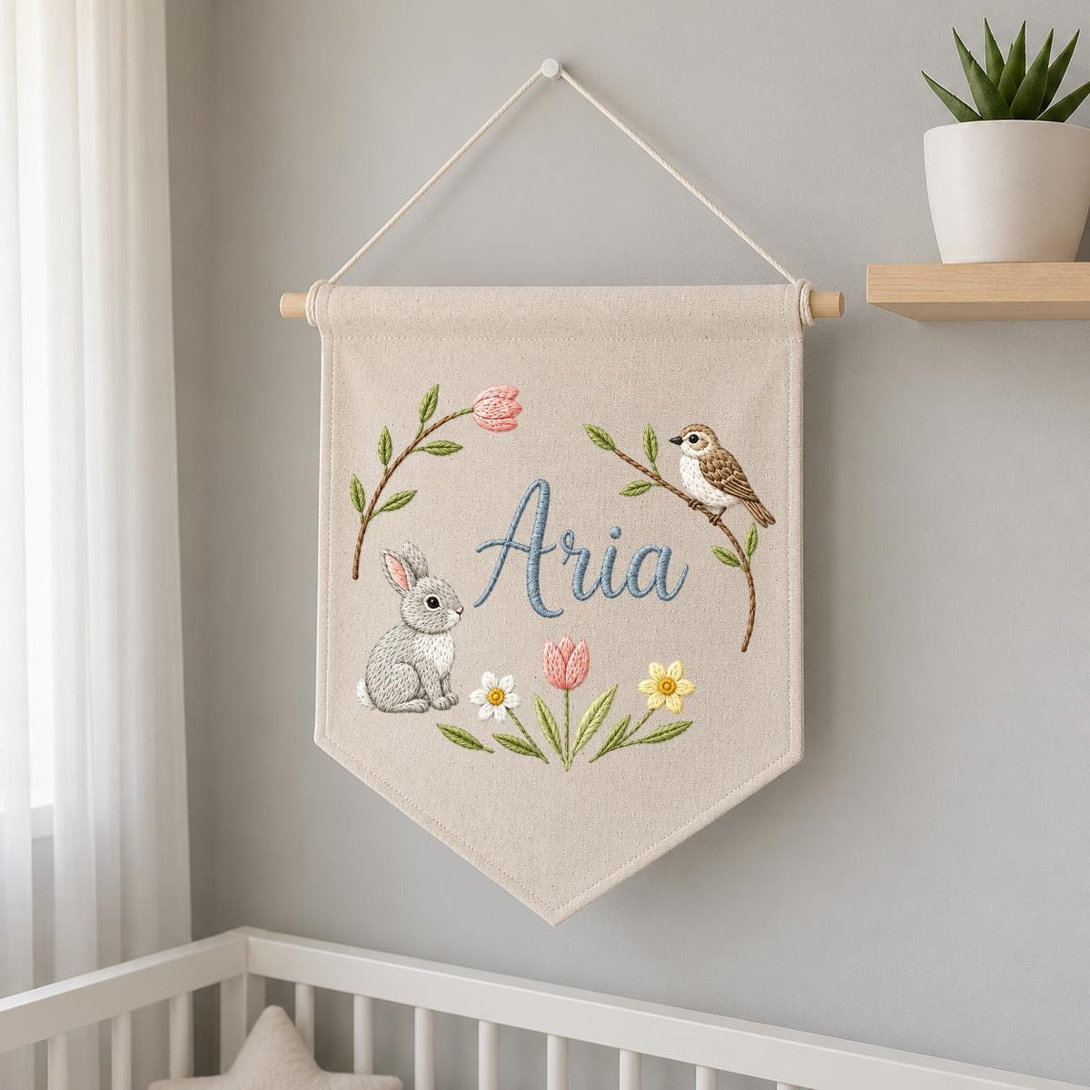 Personalized Embroidered Bunny Bird Pennant Banner, Woodland Nursery Decor