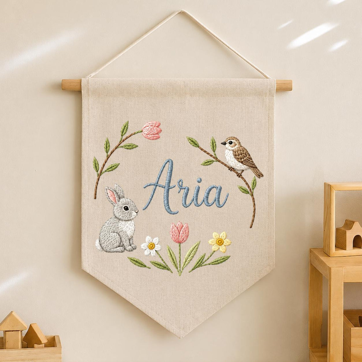 Personalized Embroidered Bunny Bird Pennant Banner, Woodland Nursery Decor