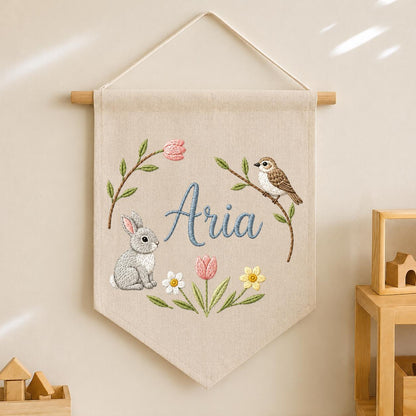 Personalized Embroidered Bunny Bird Pennant Banner, Woodland Nursery Decor