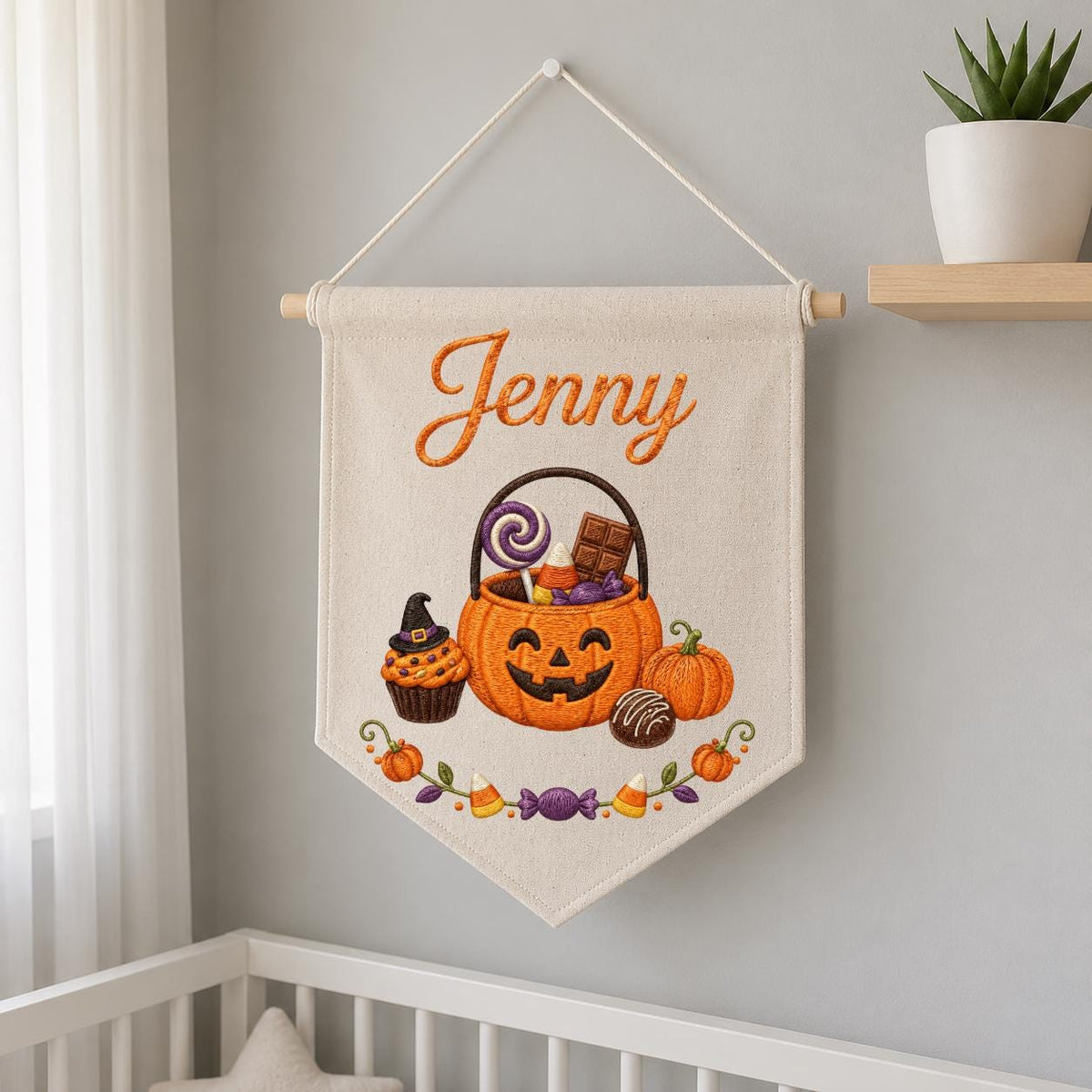 Personalized Halloween Embroidered Banner, Custom Name Pumpkin Decor, Kids Trick or Treat Canvas Pennant