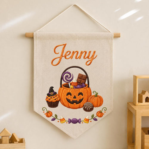 Personalized Halloween Embroidered Banner, Custom Name Pumpkin Decor, Kids Trick or Treat Canvas Pennant