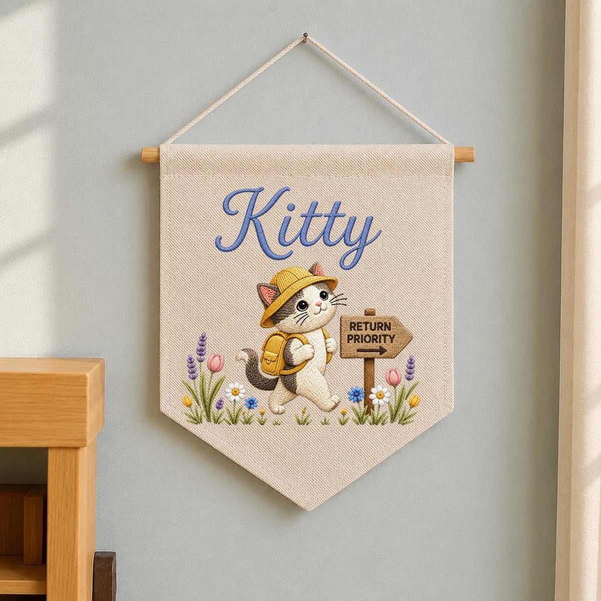 Personalized Embroidered Cat Name Banner, Explorer Kitten Fabric Wall Hanging