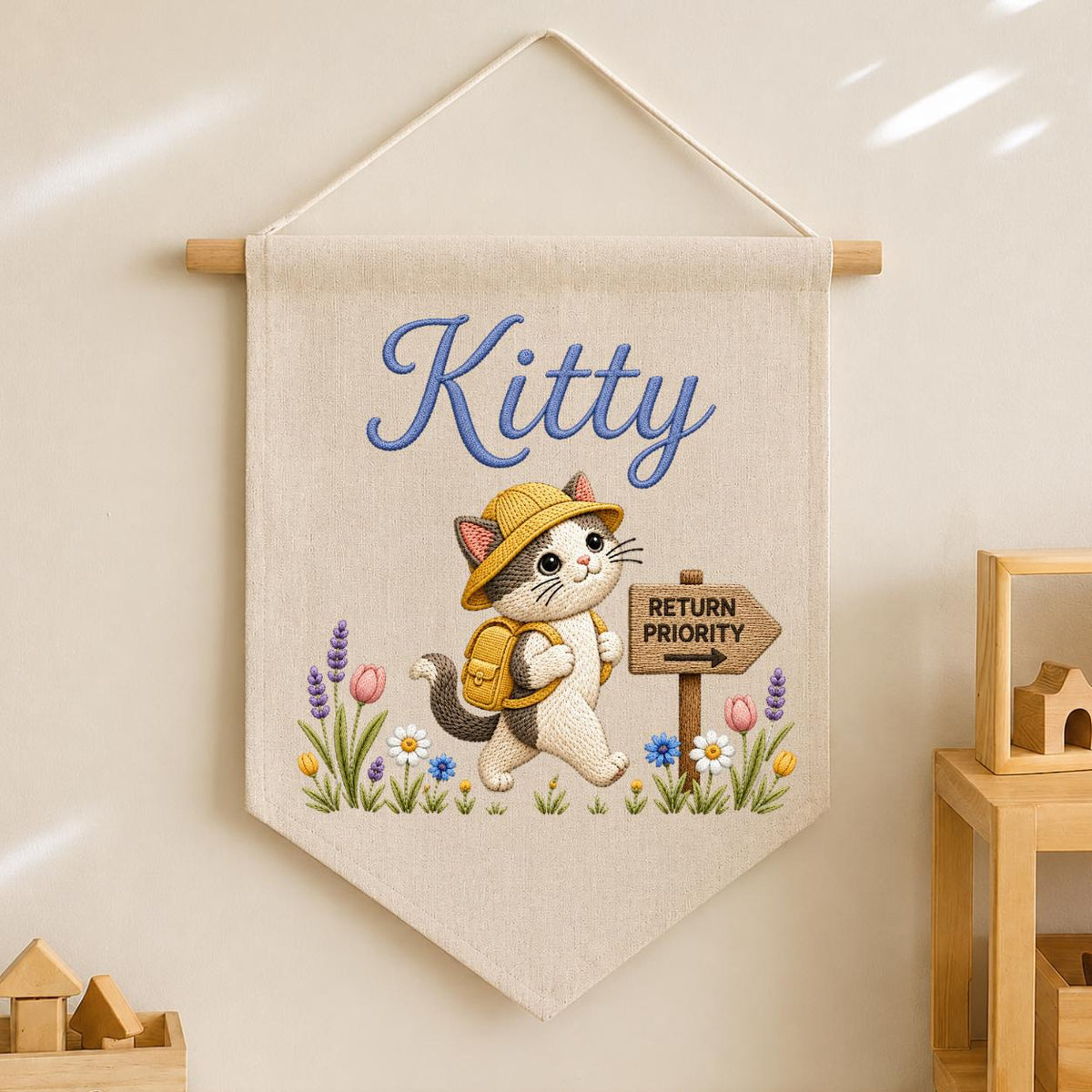 Personalized Embroidered Cat Name Banner, Explorer Kitten Fabric Wall Hanging
