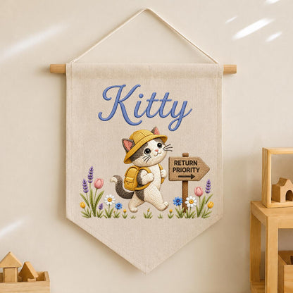 Personalized Embroidered Cat Name Banner, Explorer Kitten Fabric Wall Hanging