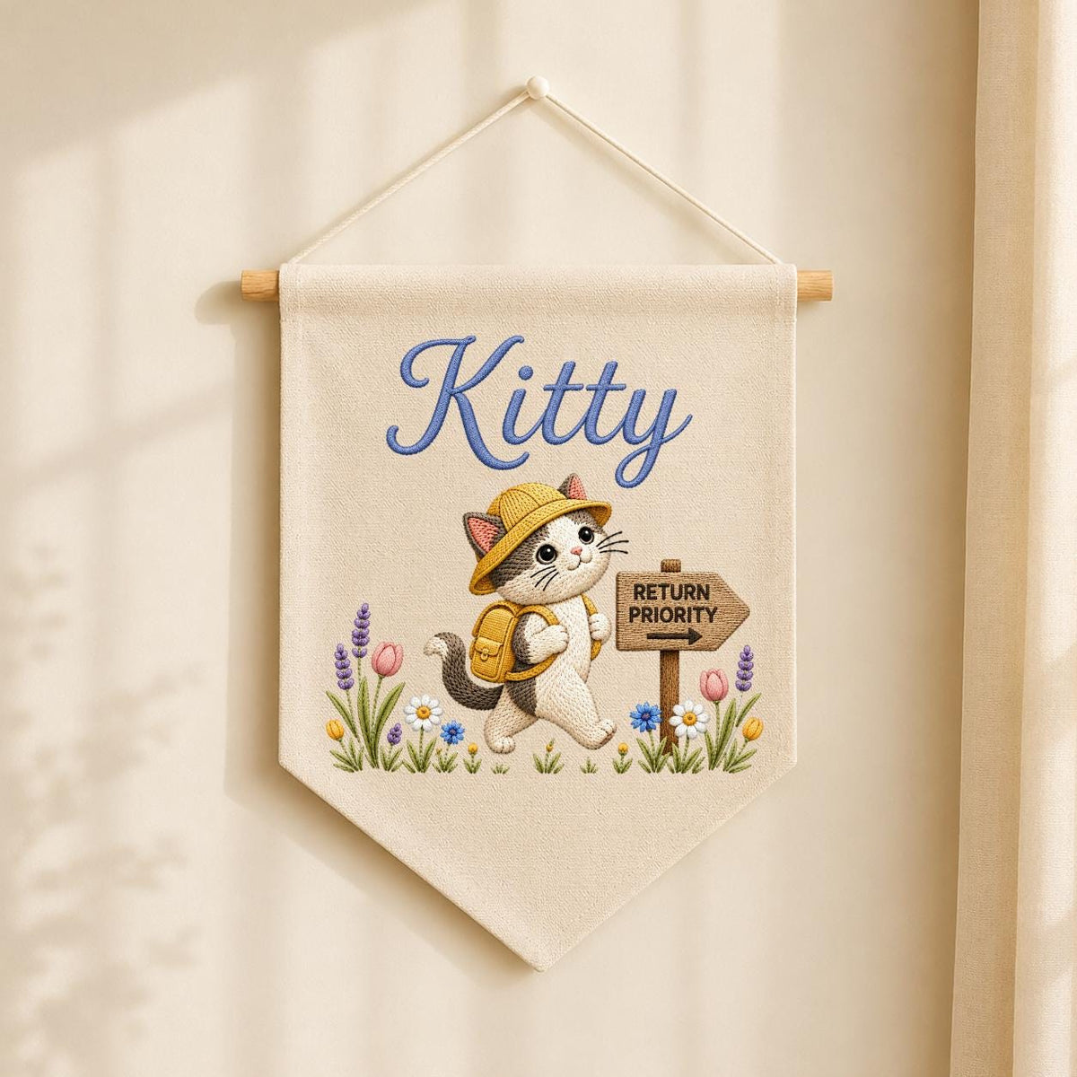 Personalized Embroidered Cat Name Banner, Explorer Kitten Fabric Wall Hanging