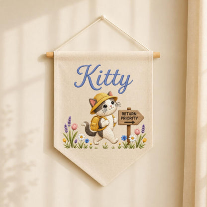 Personalized Embroidered Cat Name Banner, Explorer Kitten Fabric Wall Hanging