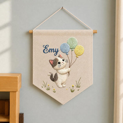 Personalized Embroidered Cat Pennant Banner, Kitten Nursery Wall Decor, Hemp Fabric Hanging