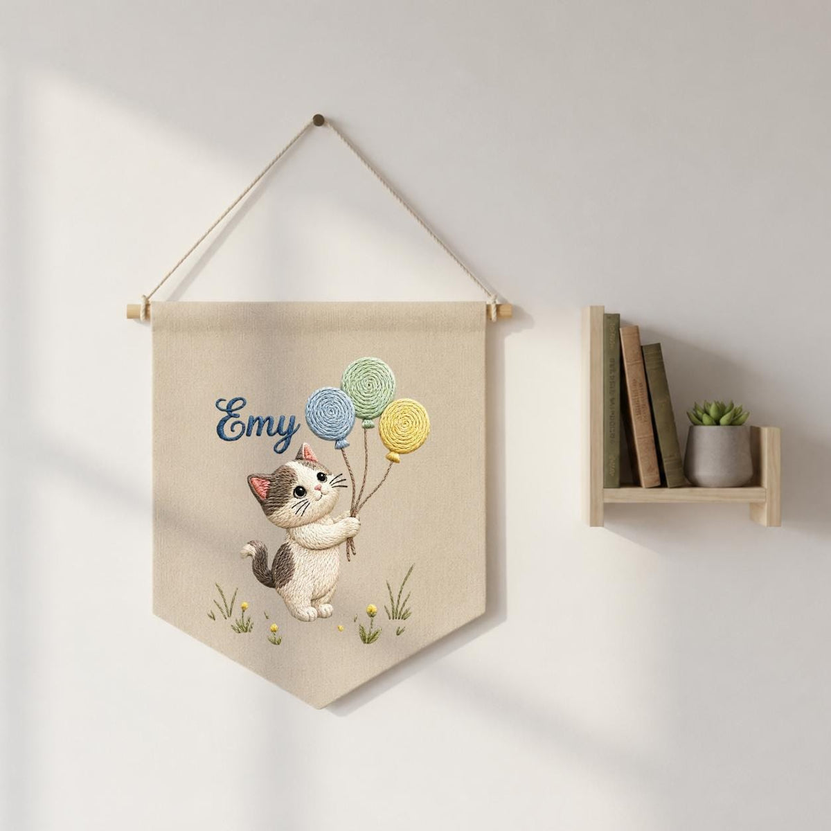 Personalized Embroidered Cat Pennant Banner, Kitten Nursery Wall Decor, Hemp Fabric Hanging