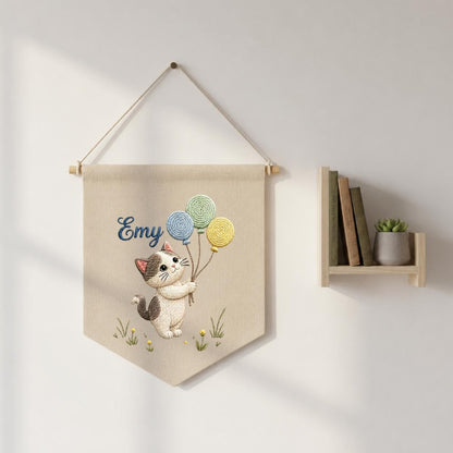 Personalized Embroidered Cat Pennant Banner, Kitten Nursery Wall Decor, Hemp Fabric Hanging
