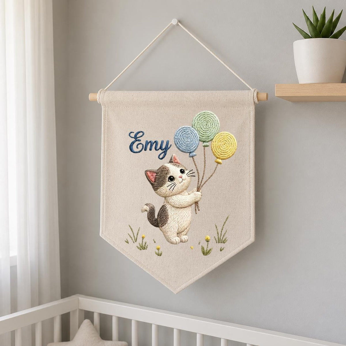 Personalized Embroidered Cat Pennant Banner, Kitten Nursery Wall Decor, Hemp Fabric Hanging