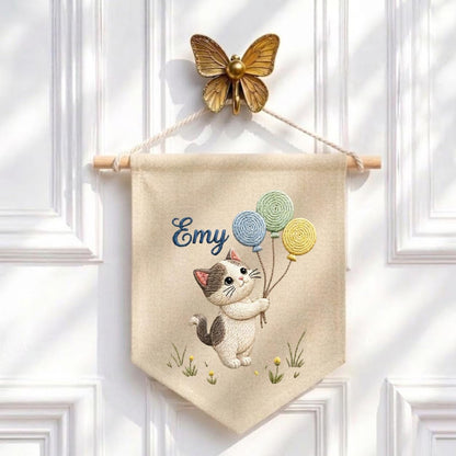 Personalized Embroidered Cat Pennant Banner, Kitten Nursery Wall Decor, Hemp Fabric Hanging