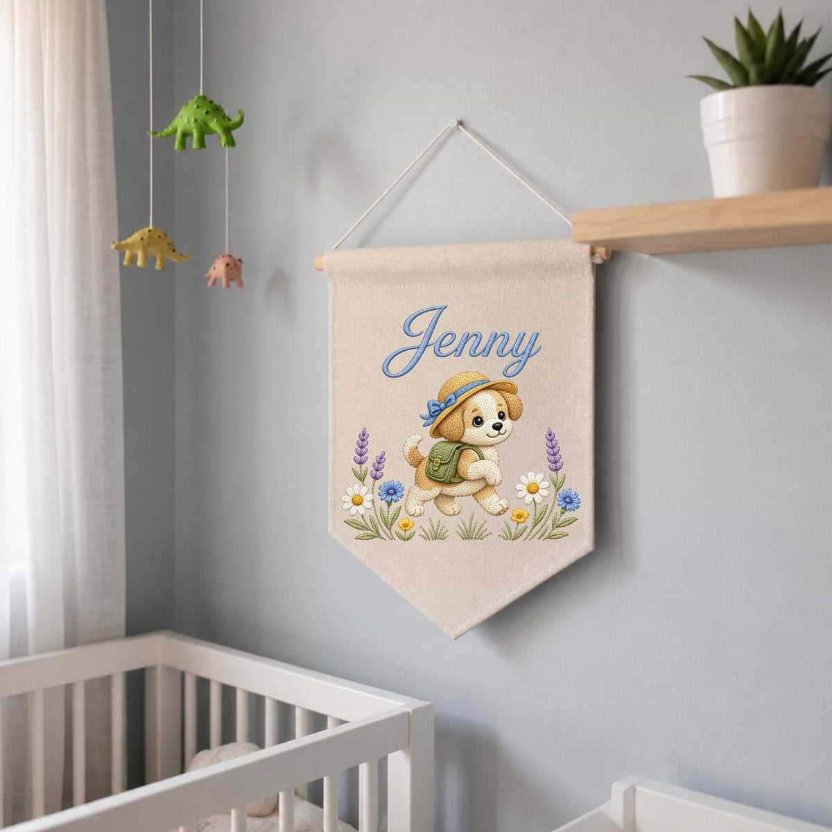 Personalized Puppy Dog Embroidered Pennant Banner, Adventure Nursery Wall Decor