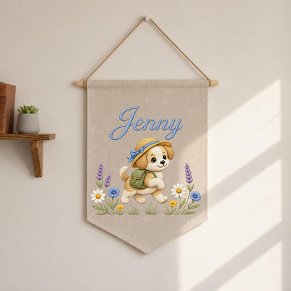 Personalized Puppy Dog Embroidered Pennant Banner, Adventure Nursery Wall Decor