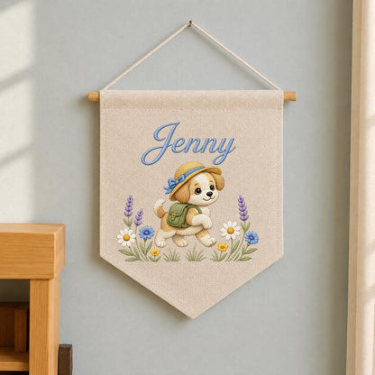 Personalized Puppy Dog Embroidered Pennant Banner, Adventure Nursery Wall Decor
