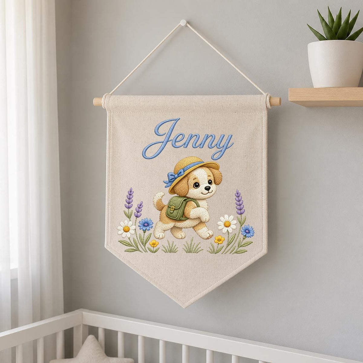 Personalized Puppy Dog Embroidered Pennant Banner, Adventure Nursery Wall Decor