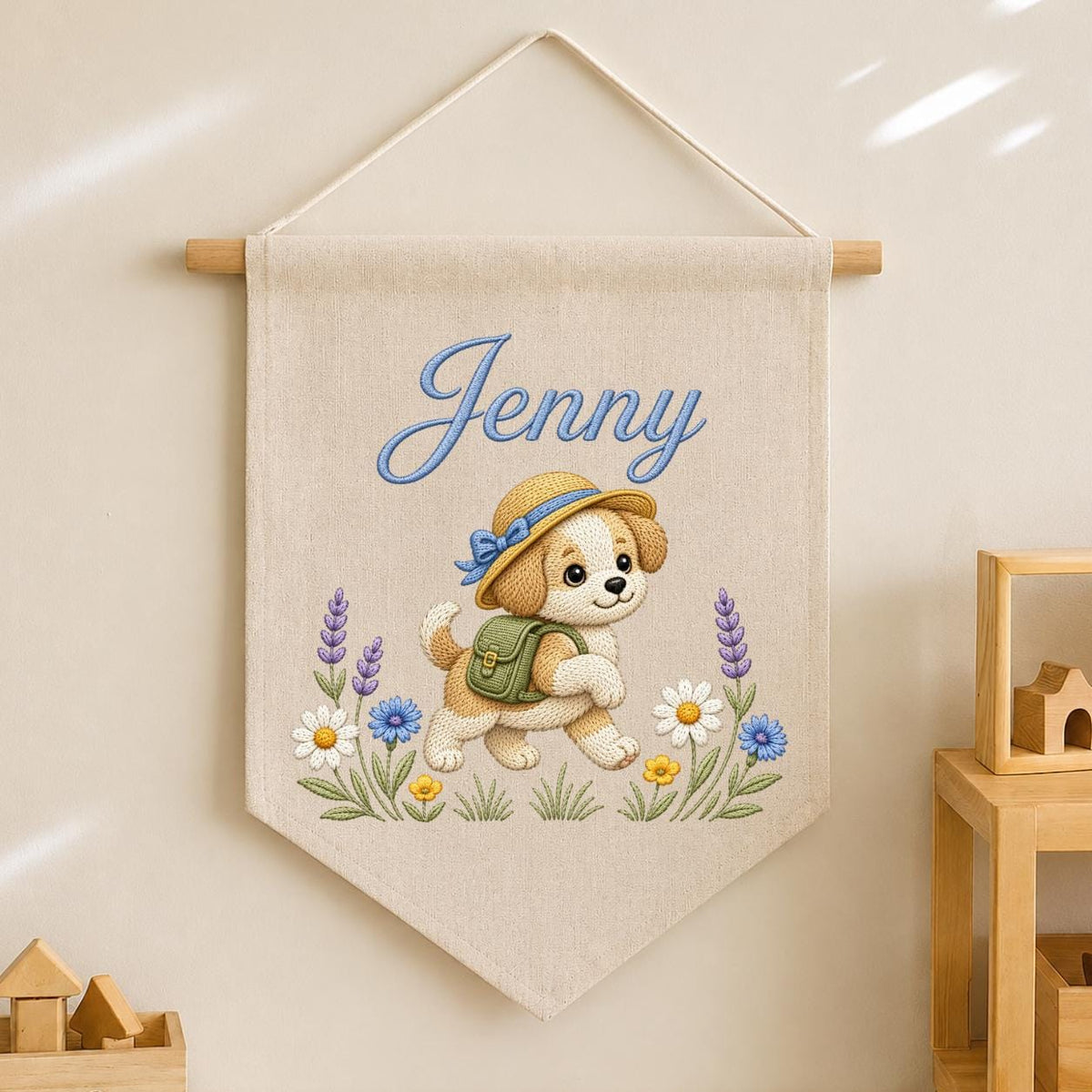 Personalized Puppy Dog Embroidered Pennant Banner, Adventure Nursery Wall Decor