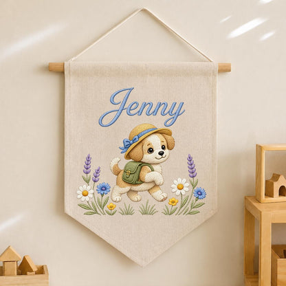 Personalized Puppy Dog Embroidered Pennant Banner, Adventure Nursery Wall Decor