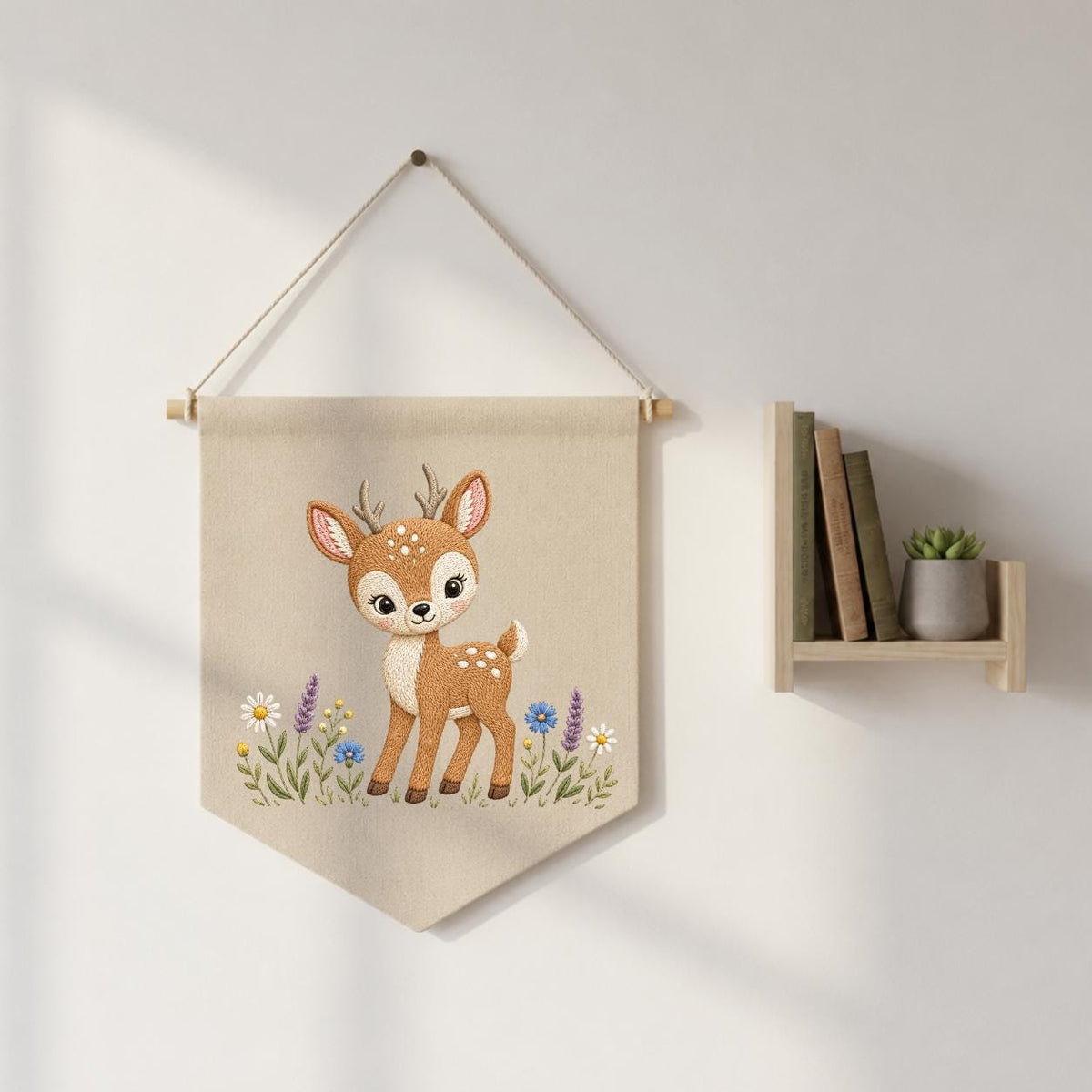 Embroidered Woodland Deer Wall Banner, Forest Nursery Decor, Custom Name Fabric Hanging