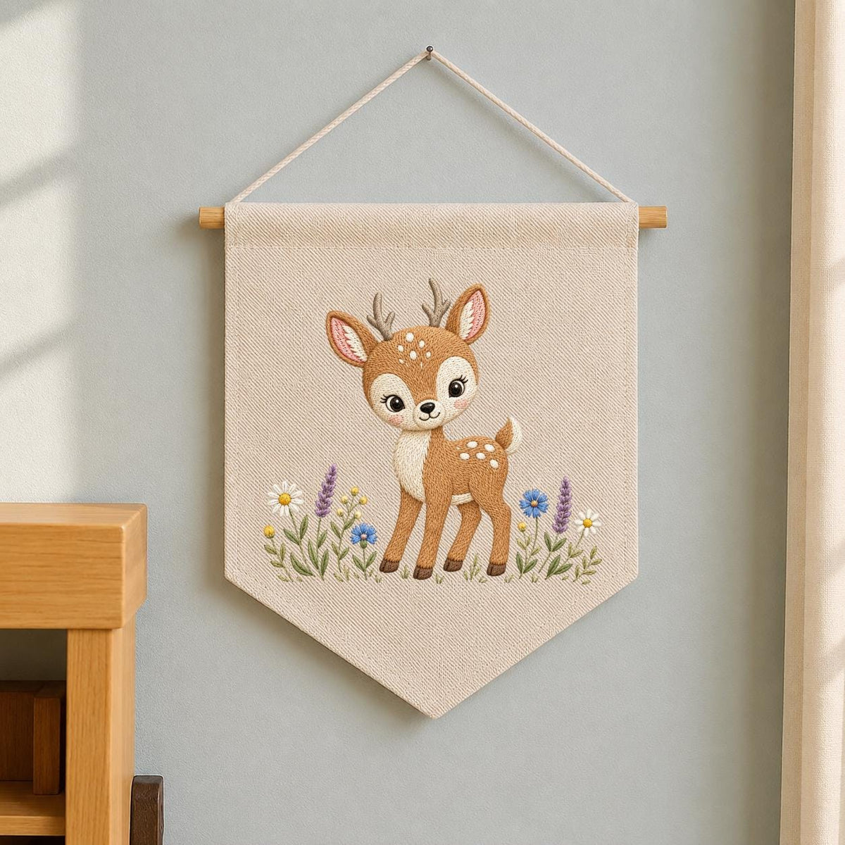 Embroidered Woodland Deer Wall Banner, Forest Nursery Decor, Custom Name Fabric Hanging