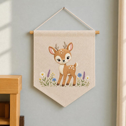 Embroidered Woodland Deer Wall Banner, Forest Nursery Decor, Custom Name Fabric Hanging