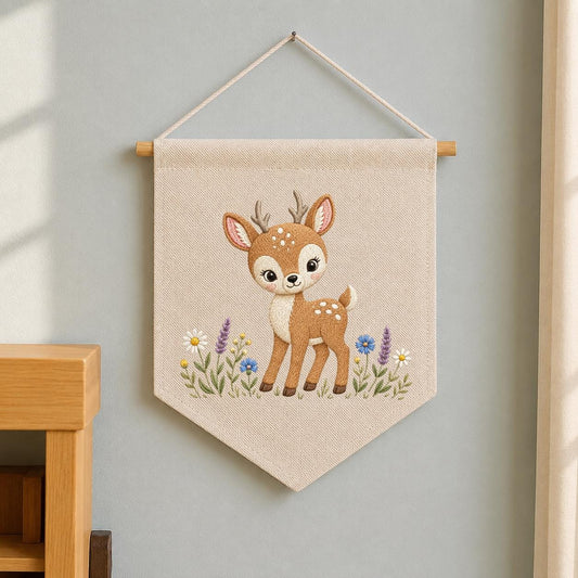 Embroidered Woodland Deer Wall Banner, Forest Nursery Decor, Custom Name Fabric Hanging