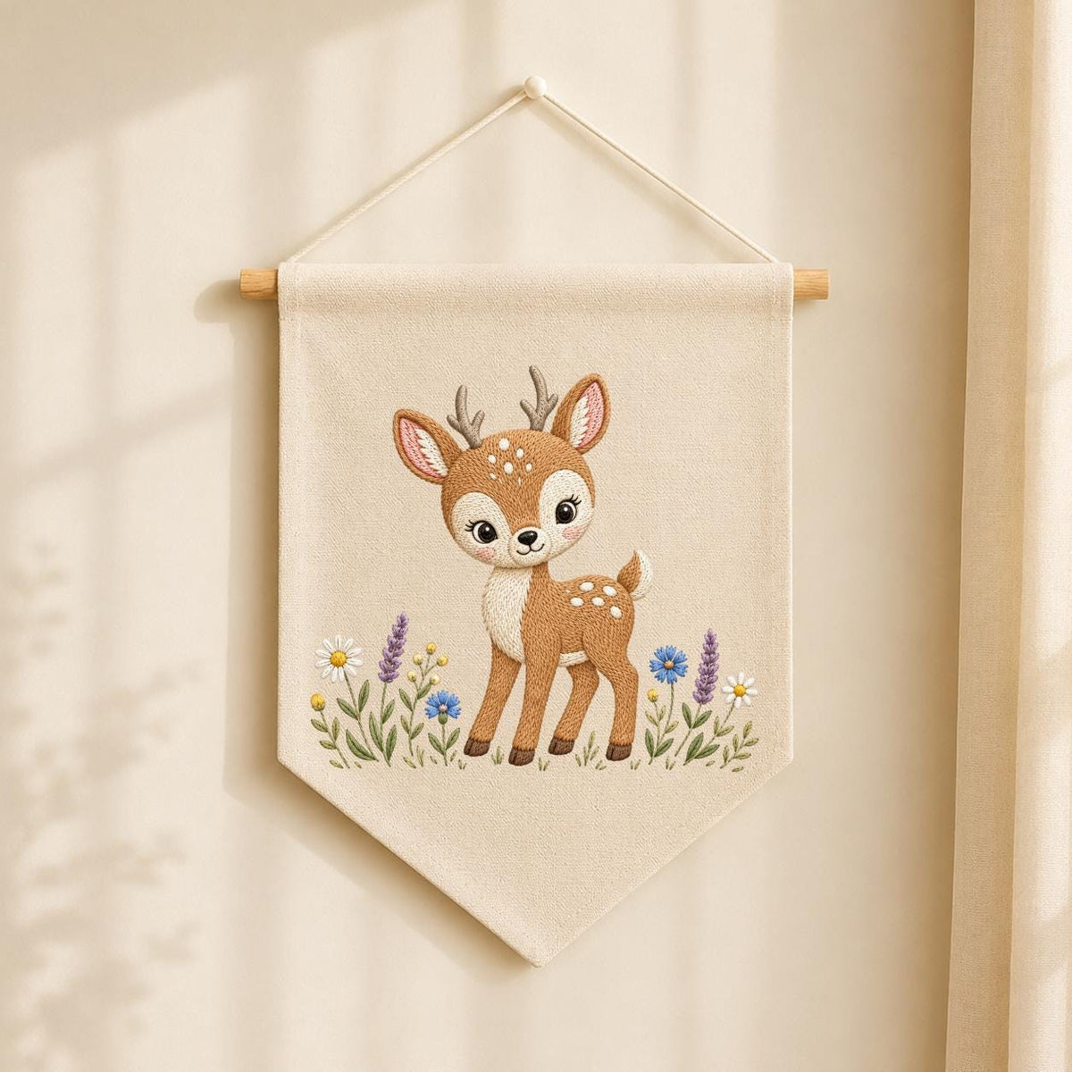 Embroidered Woodland Deer Wall Banner, Forest Nursery Decor, Custom Name Fabric Hanging