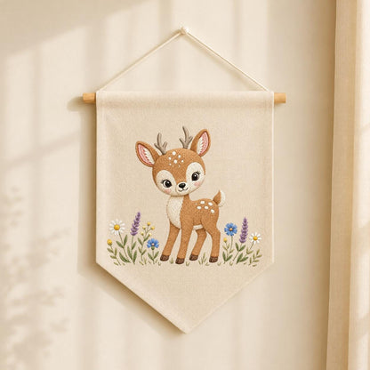 Embroidered Woodland Deer Wall Banner, Forest Nursery Decor, Custom Name Fabric Hanging
