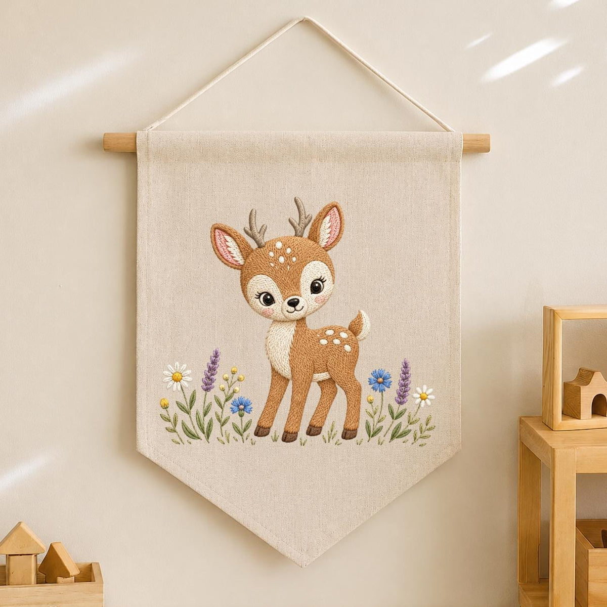 Embroidered Woodland Deer Wall Banner, Forest Nursery Decor, Custom Name Fabric Hanging
