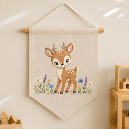 Embroidered Woodland Deer Wall Banner, Forest Nursery Decor, Custom Name Fabric Hanging