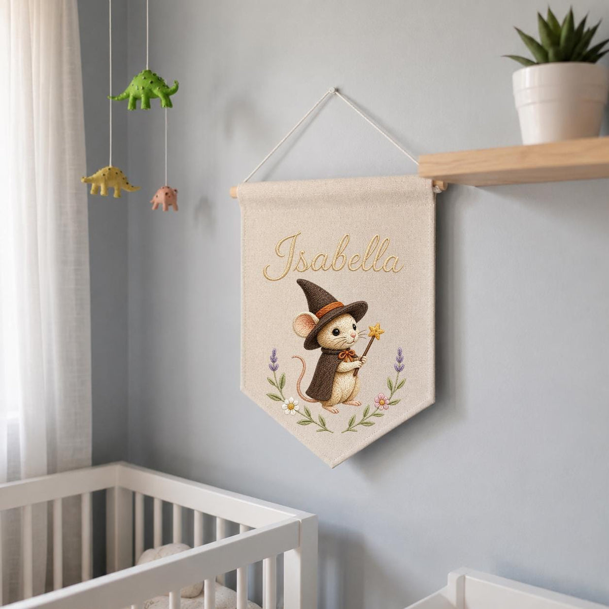 Personalized Witch Mouse Embroidered Banner, Whimsical Nursery Wall Decor