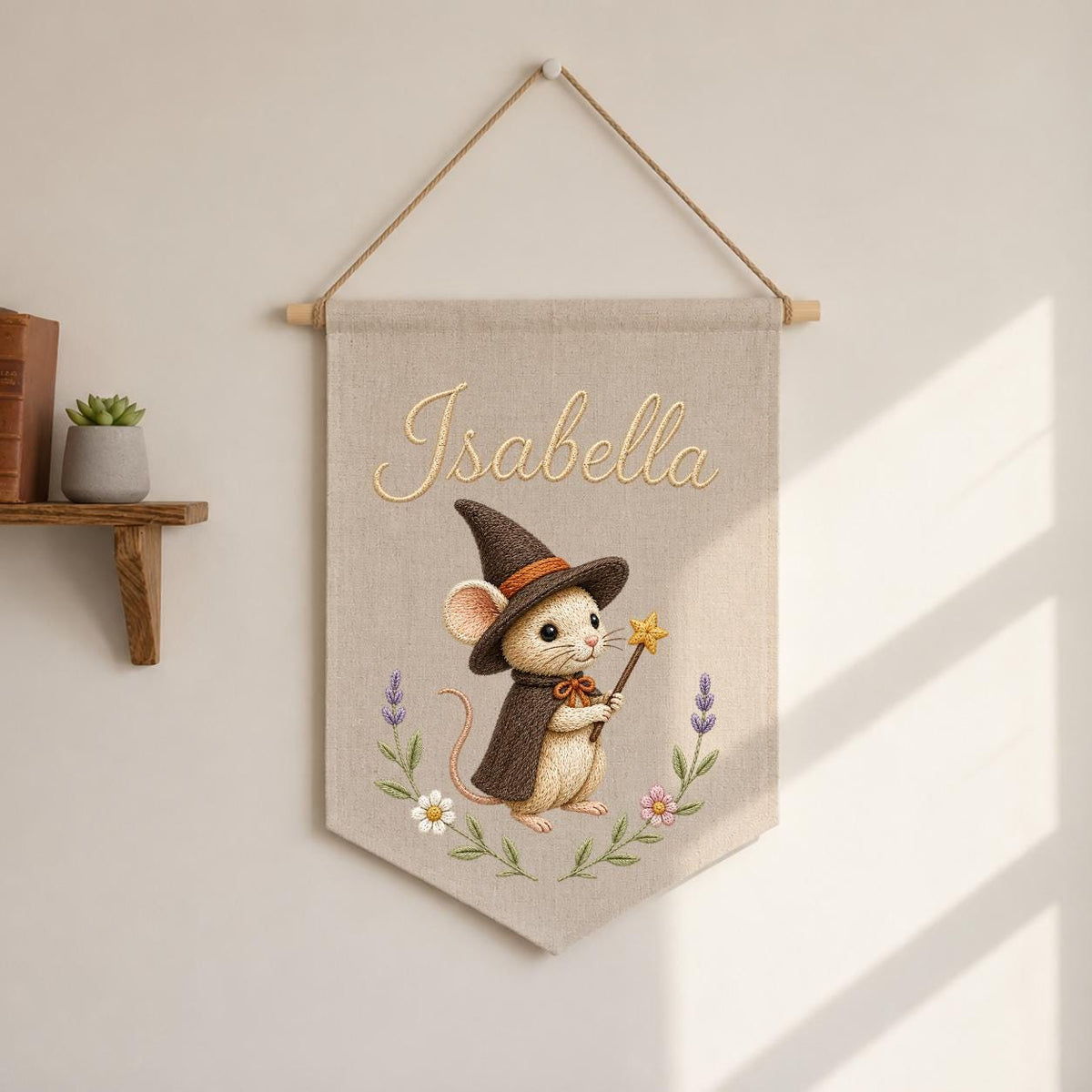 Personalized Witch Mouse Embroidered Banner, Whimsical Nursery Wall Decor