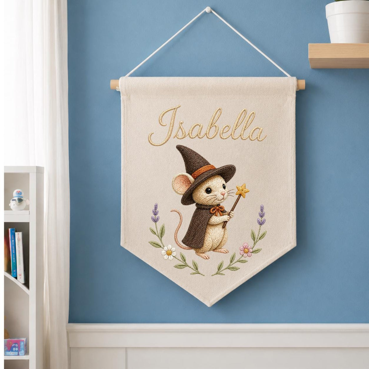 Personalized Witch Mouse Embroidered Banner, Whimsical Nursery Wall Decor
