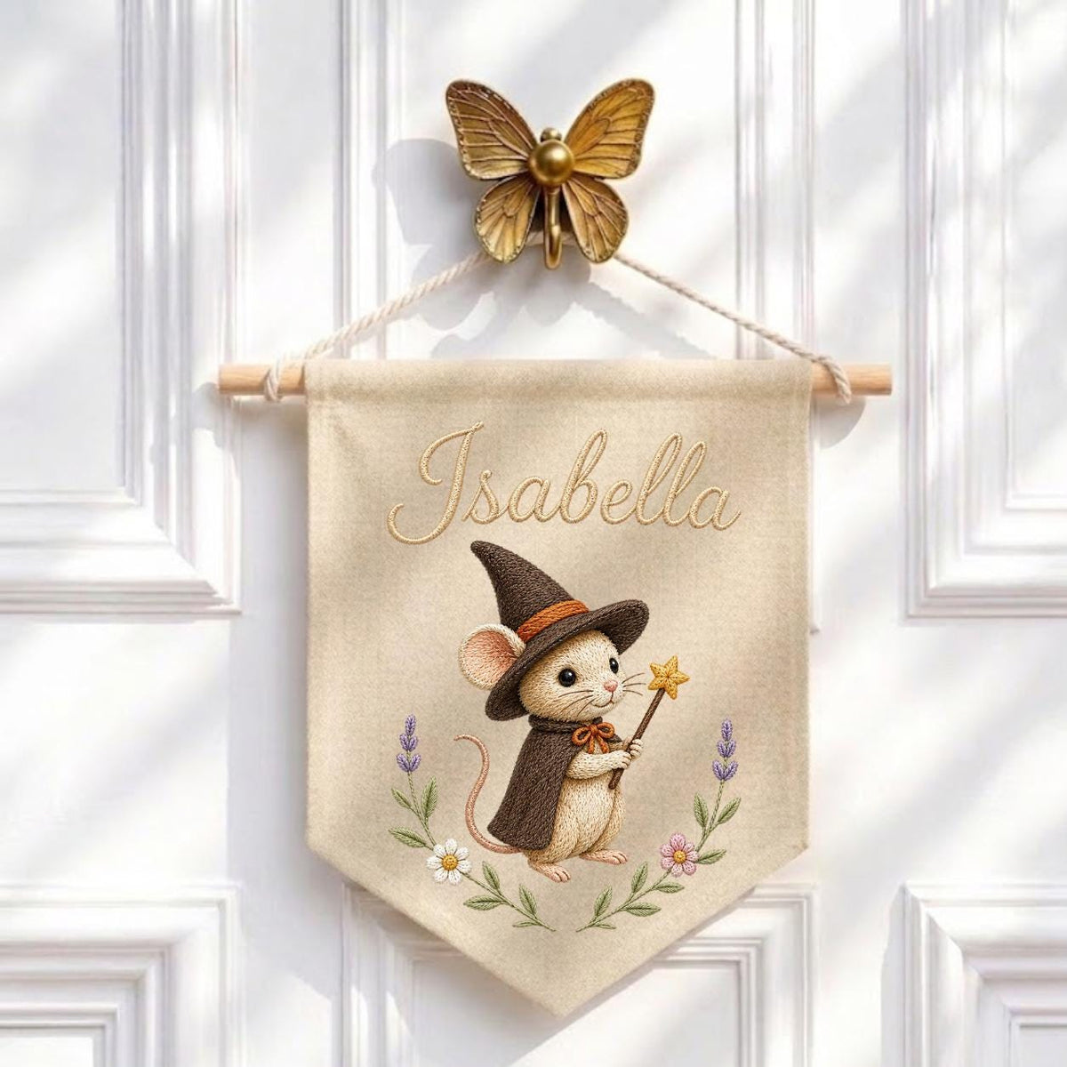 Personalized Witch Mouse Embroidered Banner, Whimsical Nursery Wall Decor