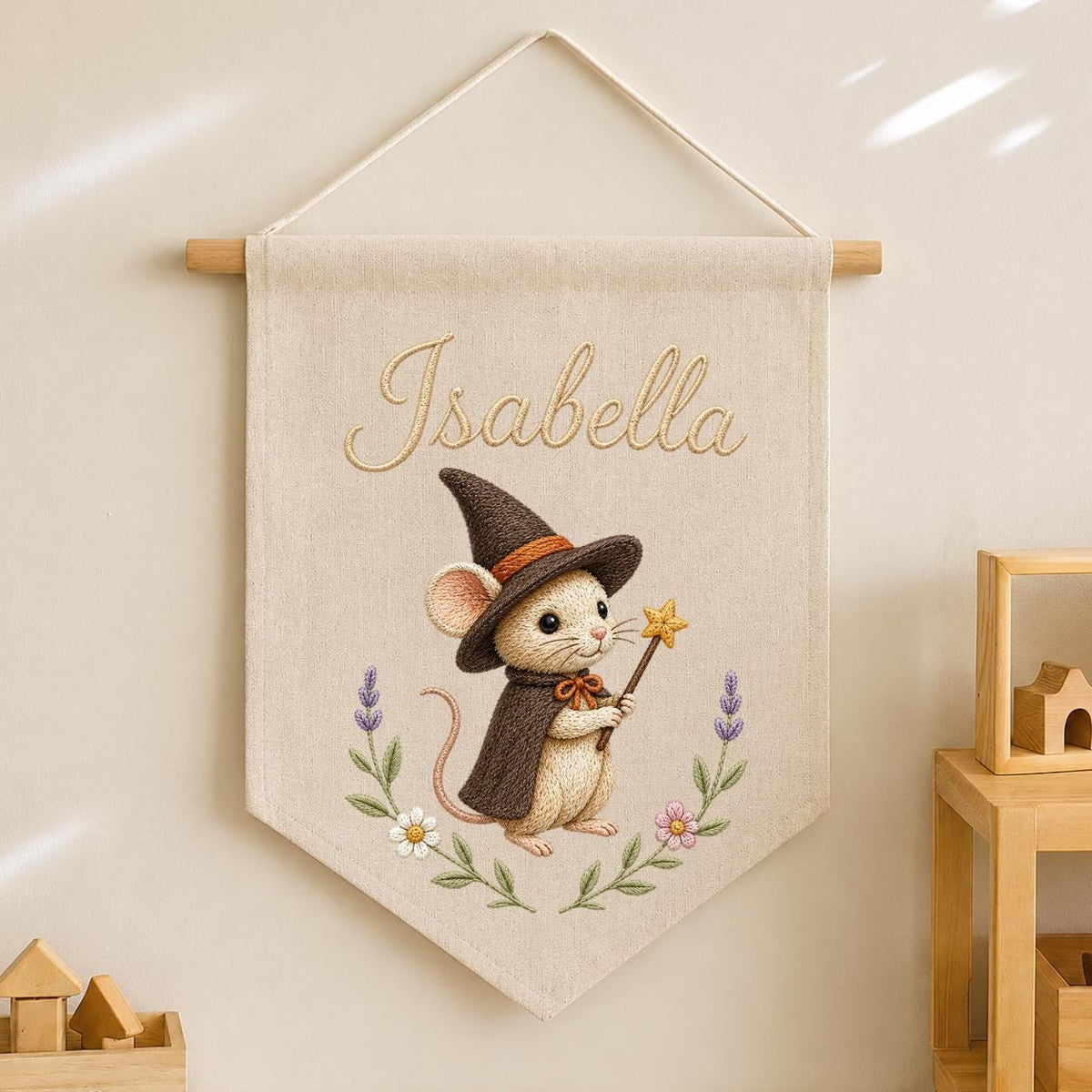 Personalized Witch Mouse Embroidered Banner, Whimsical Nursery Wall Decor