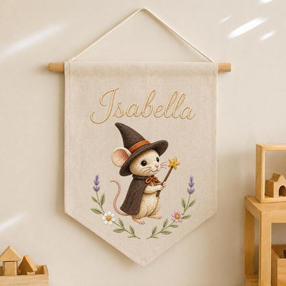 Personalized Witch Mouse Embroidered Banner, Whimsical Nursery Wall Decor