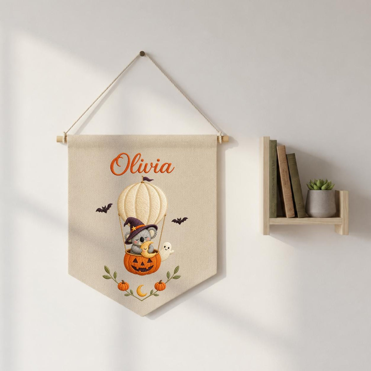Personalized Koala Witch Halloween Banner, Embroidered Name Wall Hanging, Pumpkin Nursery Decor