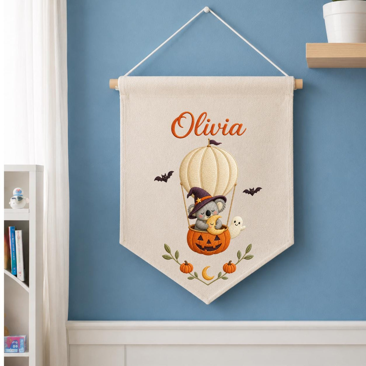 Personalized Koala Witch Halloween Banner, Embroidered Name Wall Hanging, Pumpkin Nursery Decor