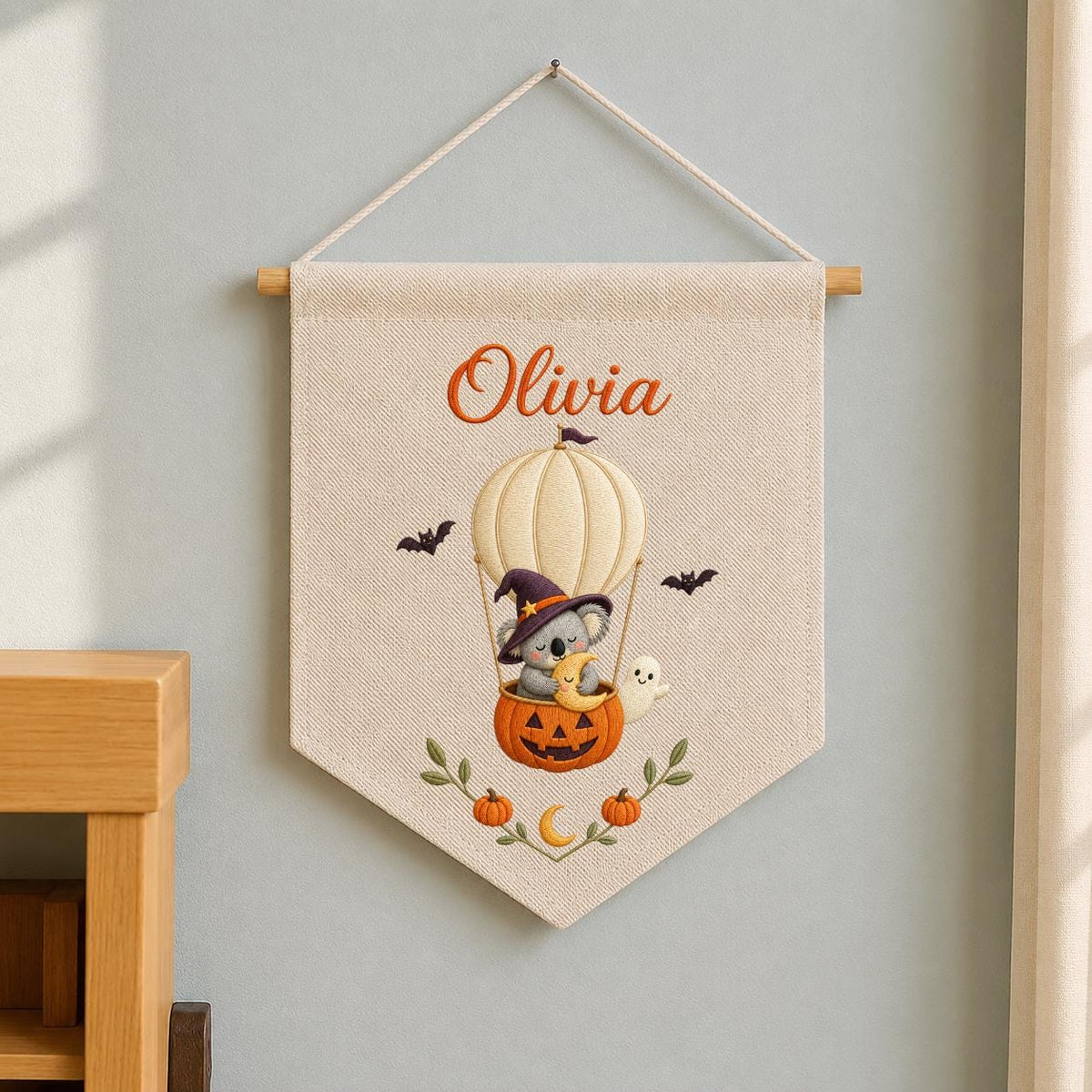 Personalized Koala Witch Halloween Banner, Embroidered Name Wall Hanging, Pumpkin Nursery Decor