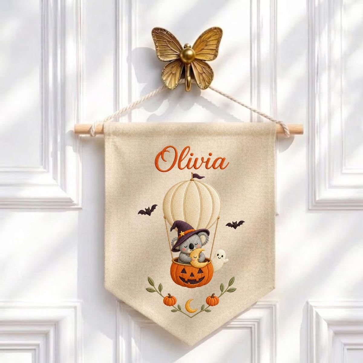 Personalized Koala Witch Halloween Banner, Embroidered Name Wall Hanging, Pumpkin Nursery Decor