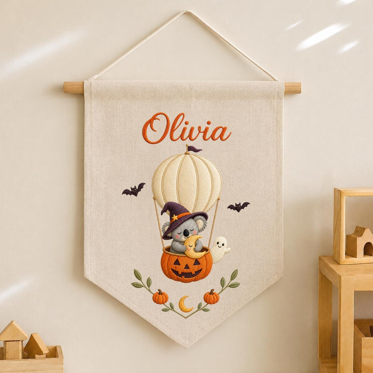 Personalized Koala Witch Halloween Banner, Embroidered Name Wall Hanging, Pumpkin Nursery Decor