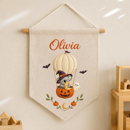 Personalized Koala Witch Halloween Banner, Embroidered Name Wall Hanging, Pumpkin Nursery Decor