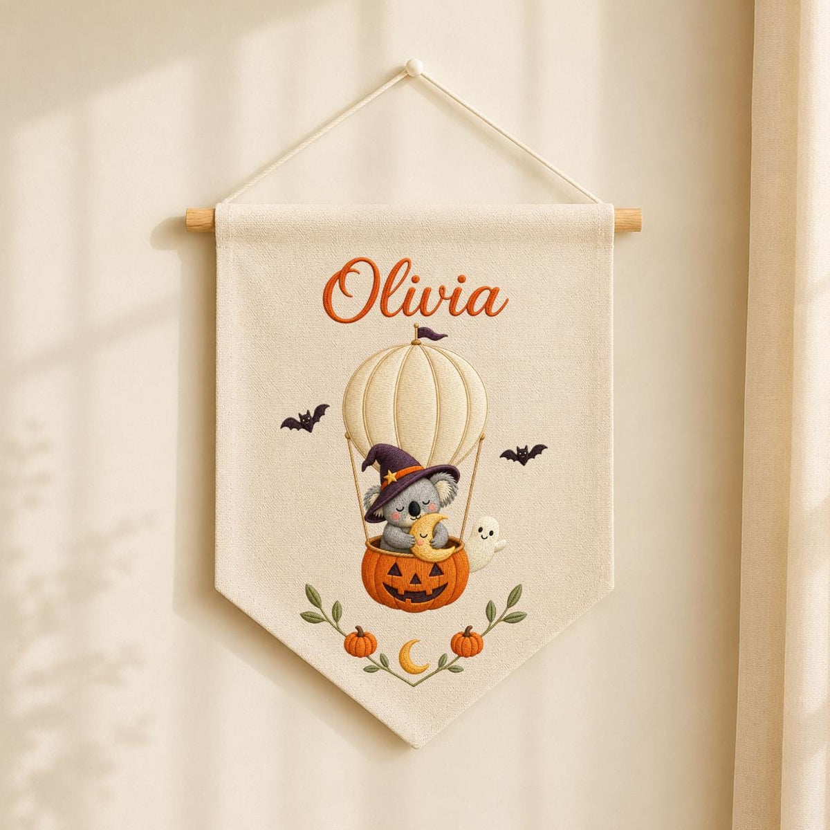 Personalized Koala Witch Halloween Banner, Embroidered Name Wall Hanging, Pumpkin Nursery Decor