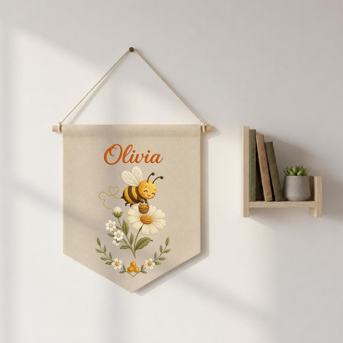 Personalized Embroidered Bumble Bee Banner, Custom Name Fabric Wall Hanging, Daisy Nursery Sign