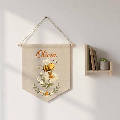 Personalized Embroidered Bumble Bee Banner, Custom Name Fabric Wall Hanging, Daisy Nursery Sign