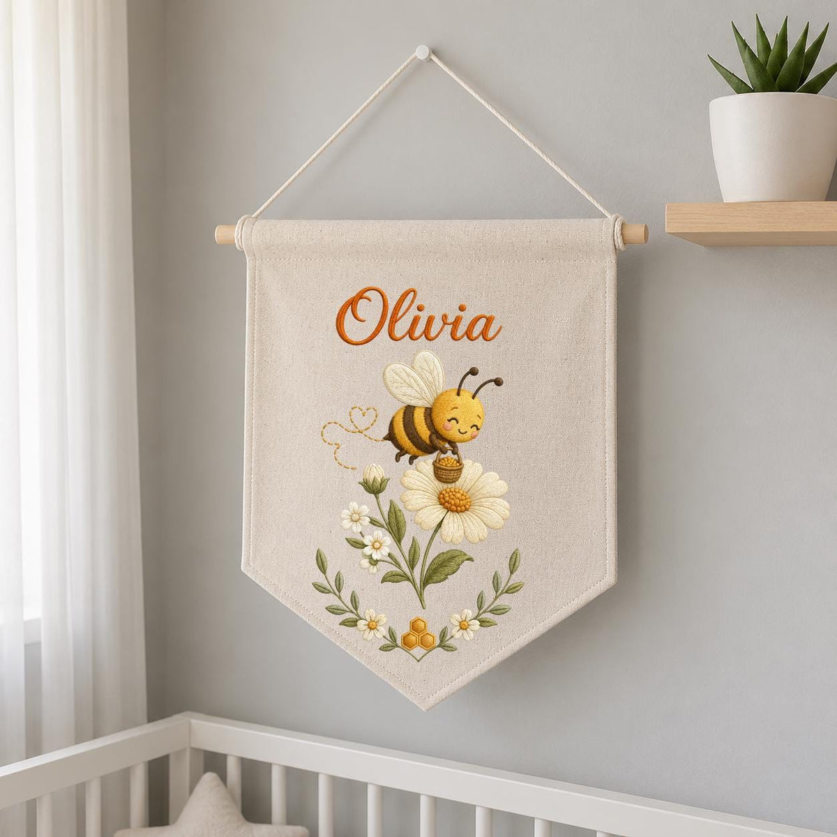 Personalized Embroidered Bumble Bee Banner, Custom Name Fabric Wall Hanging, Daisy Nursery Sign