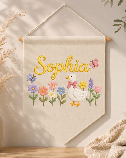 Personalized Baby Birth Stats Wall Hanging, Custom Name Embroidered Nursery Banner, Floral Butterfly Newborn Keepsake, Baby Girl Gift